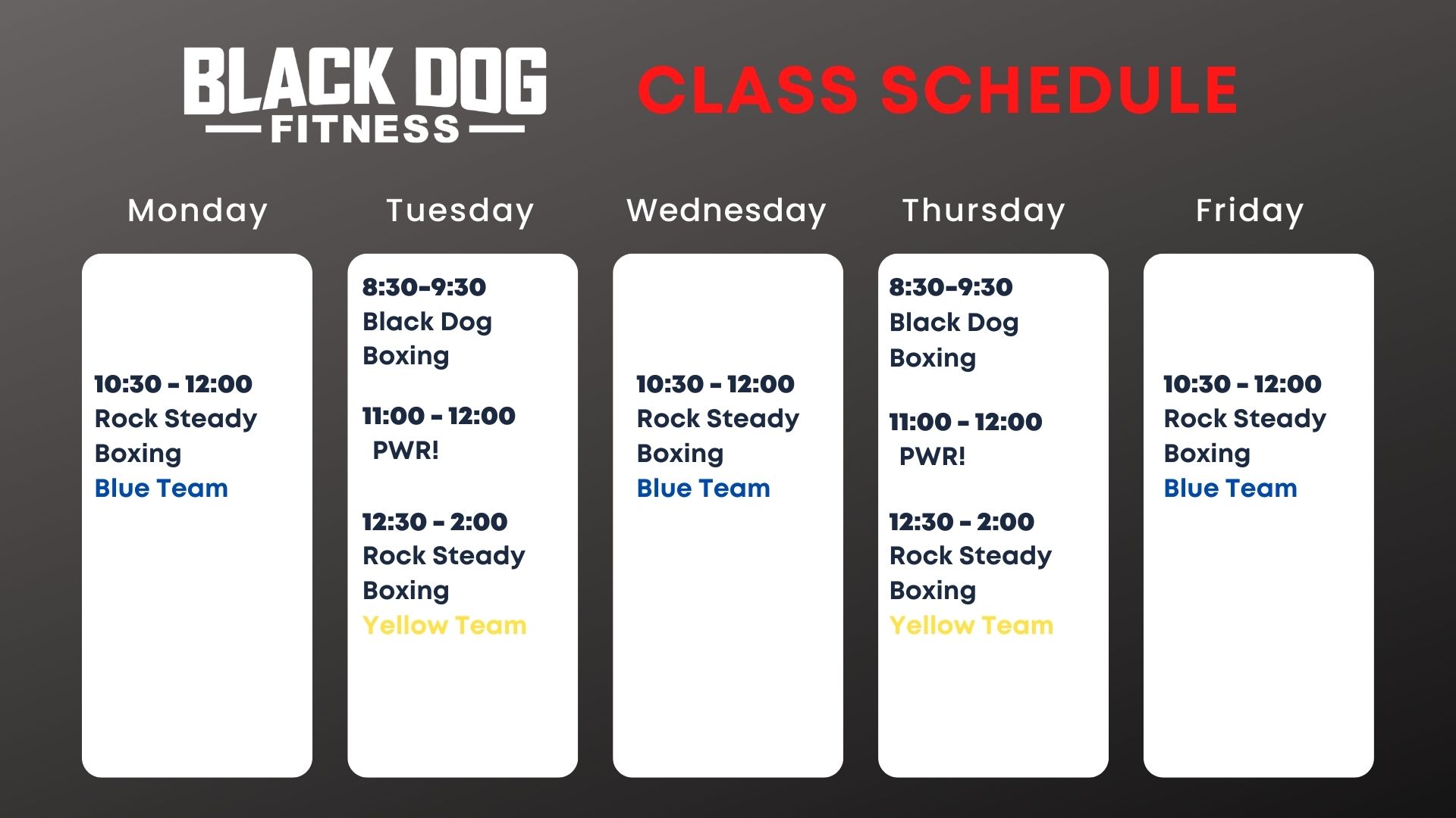 black dog fitness weekly class calendar