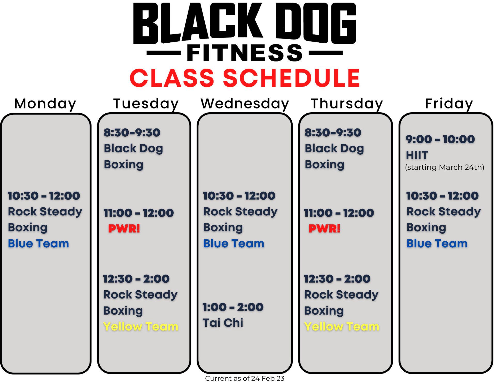 black dog fitness weekly class calendar