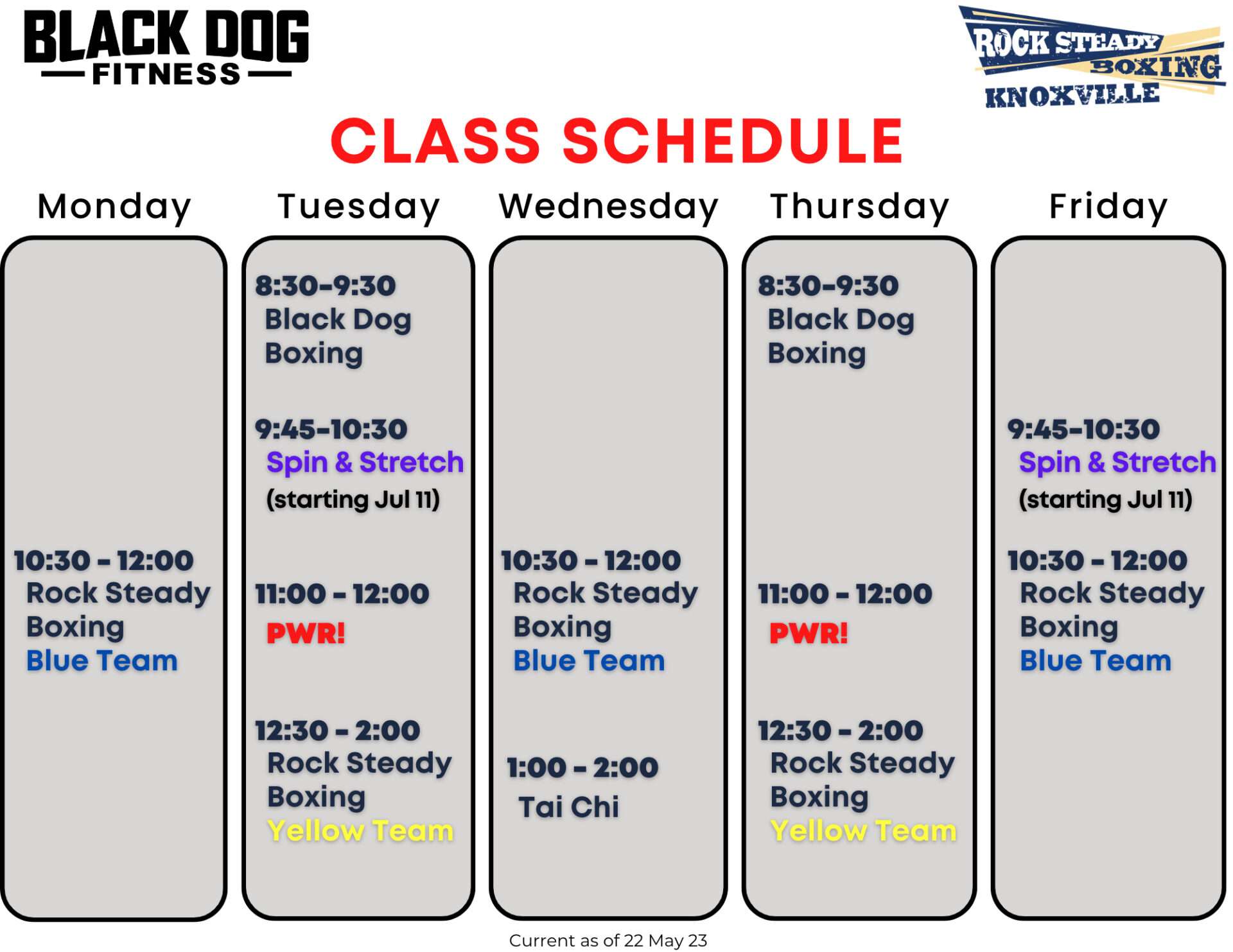 Weekly Schedule of Black Dog Fitness group fitness classes