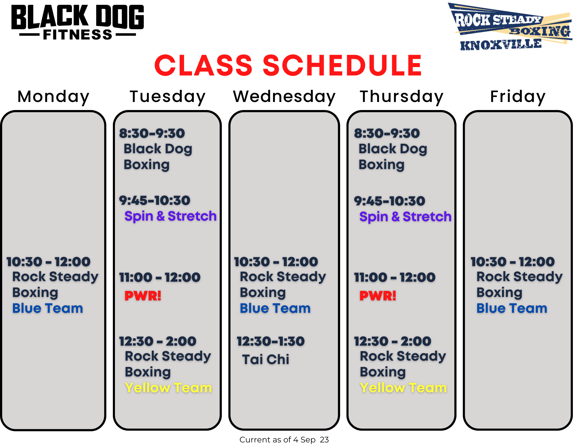 Weekly Schedule of Black Dog Fitness group fitness classes
